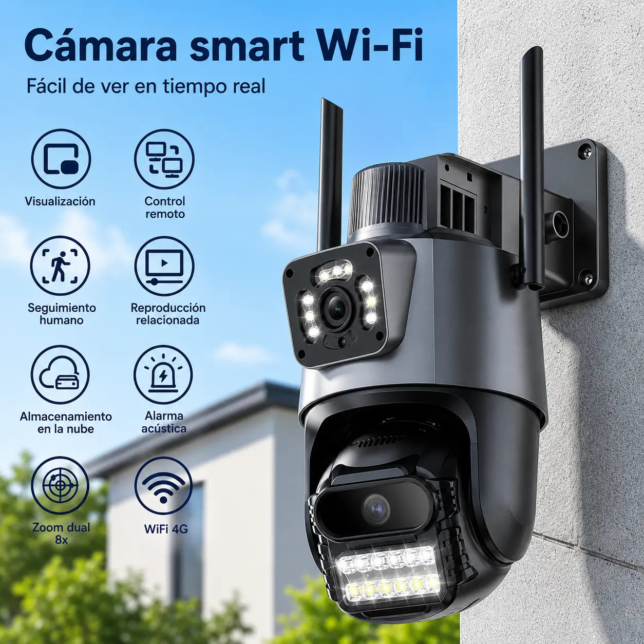 Cámara de Seguridad WiFi 4K con Sirena y Visión Nocturna