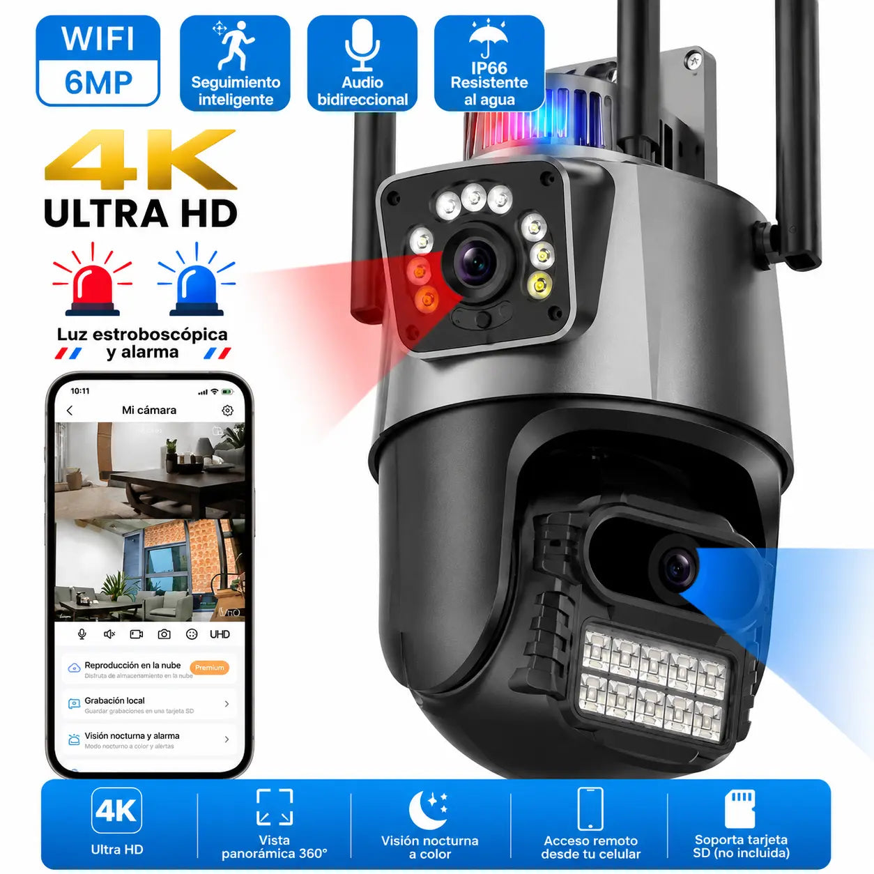 Cámara de Seguridad WiFi 4K con Sirena y Visión Nocturna